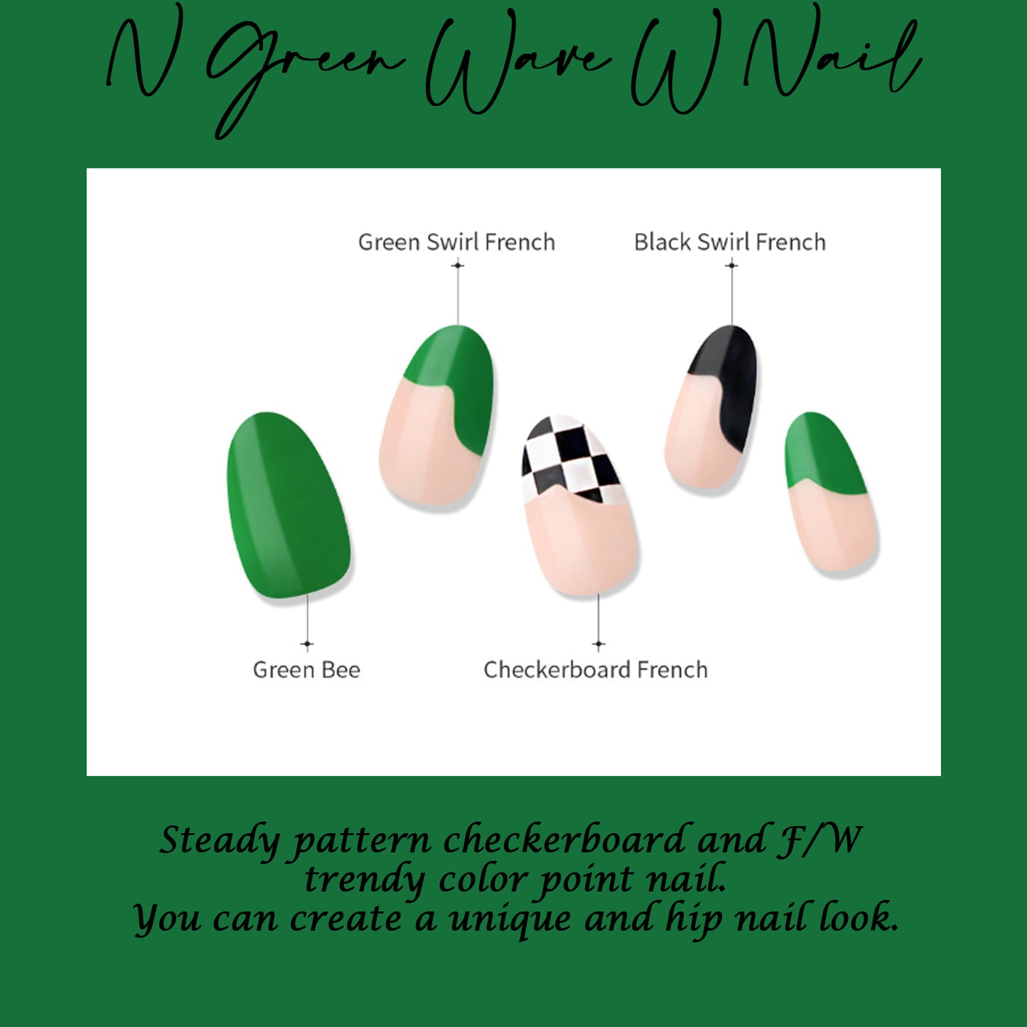 Muzmak (N Green Wave W (Almond) Nail) 36pcs Nail Art Pattern Sticker Set Semicure Nail