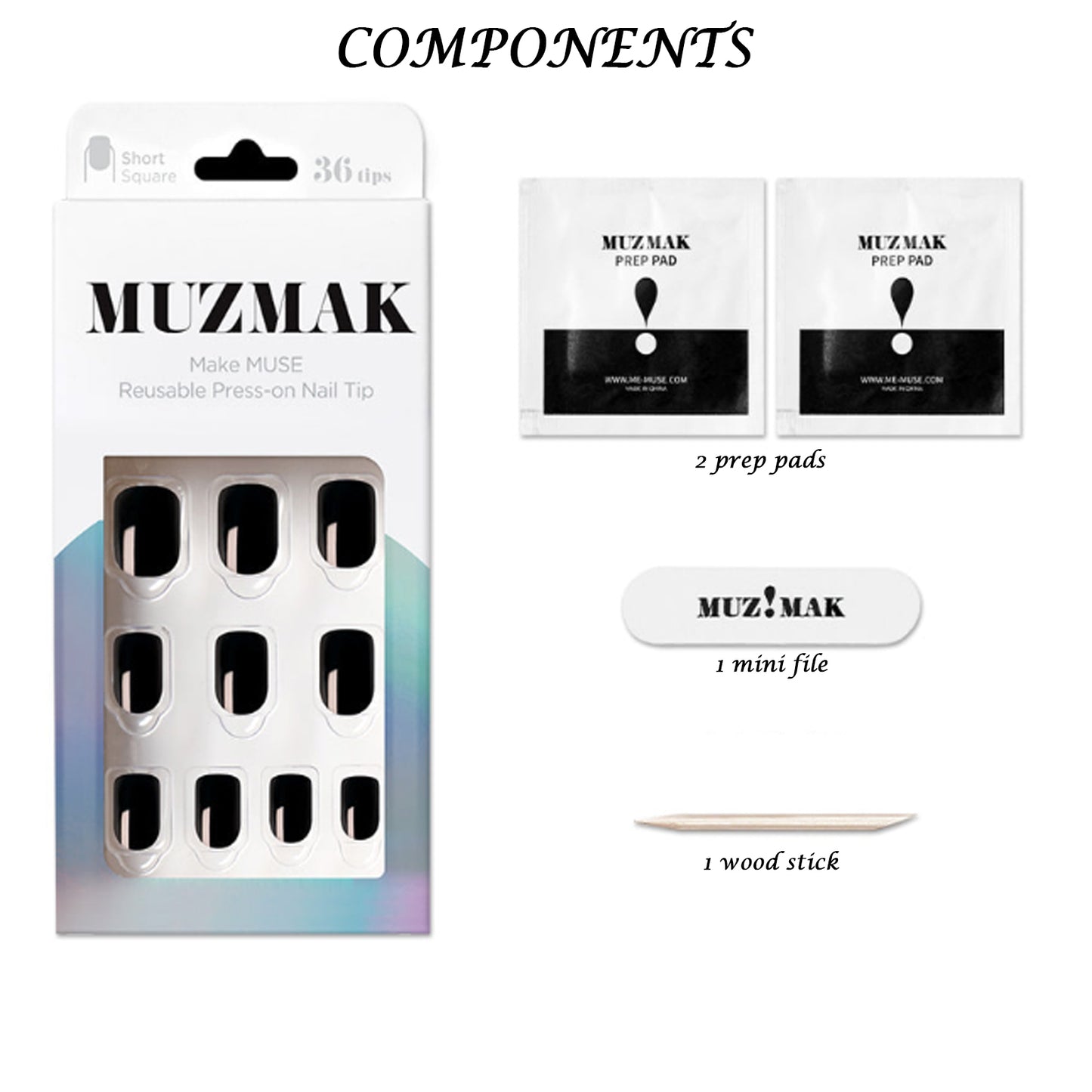 Muzmak ((Short Square) N Zero Black Nail) 36pcs Nail Art Pattern Sticker Set Semicure Nail