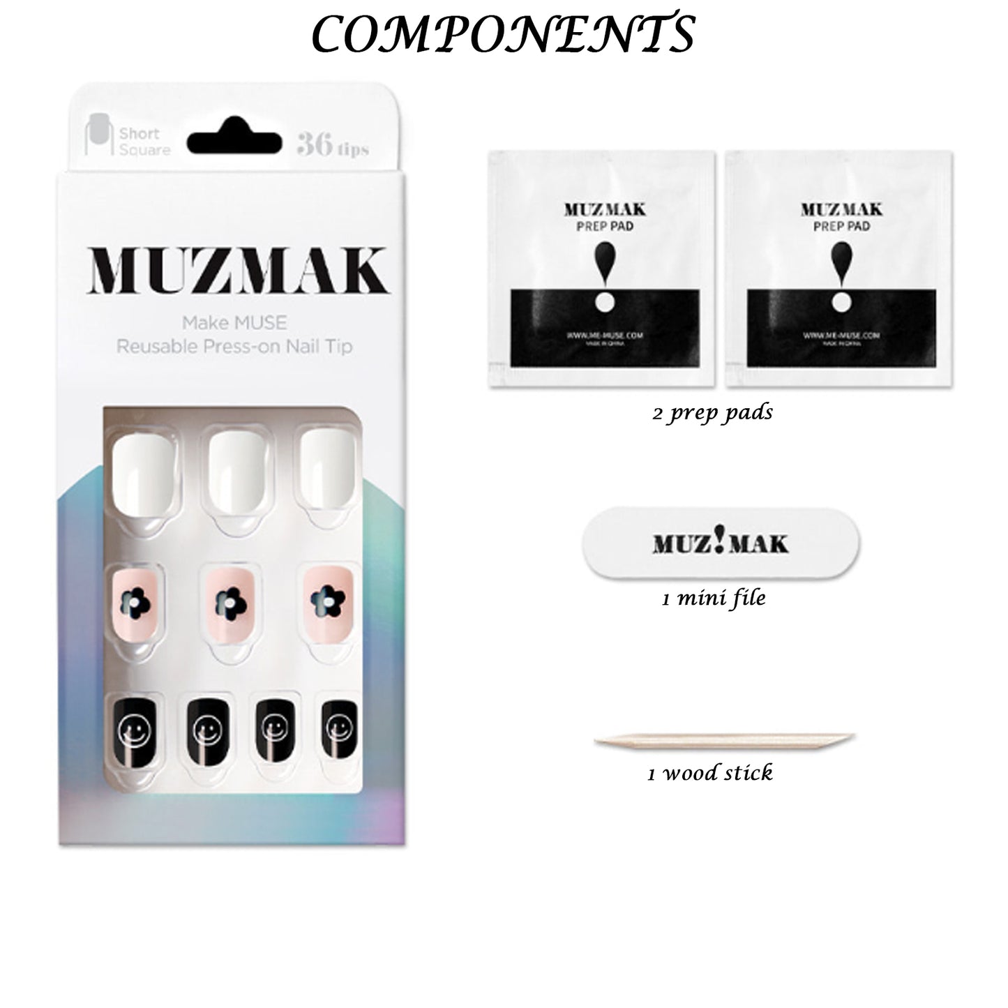 Muzmak ((Short Square) N Smile Flower Nail) 36pcs Nail Art Pattern Sticker Set Semicure Nail