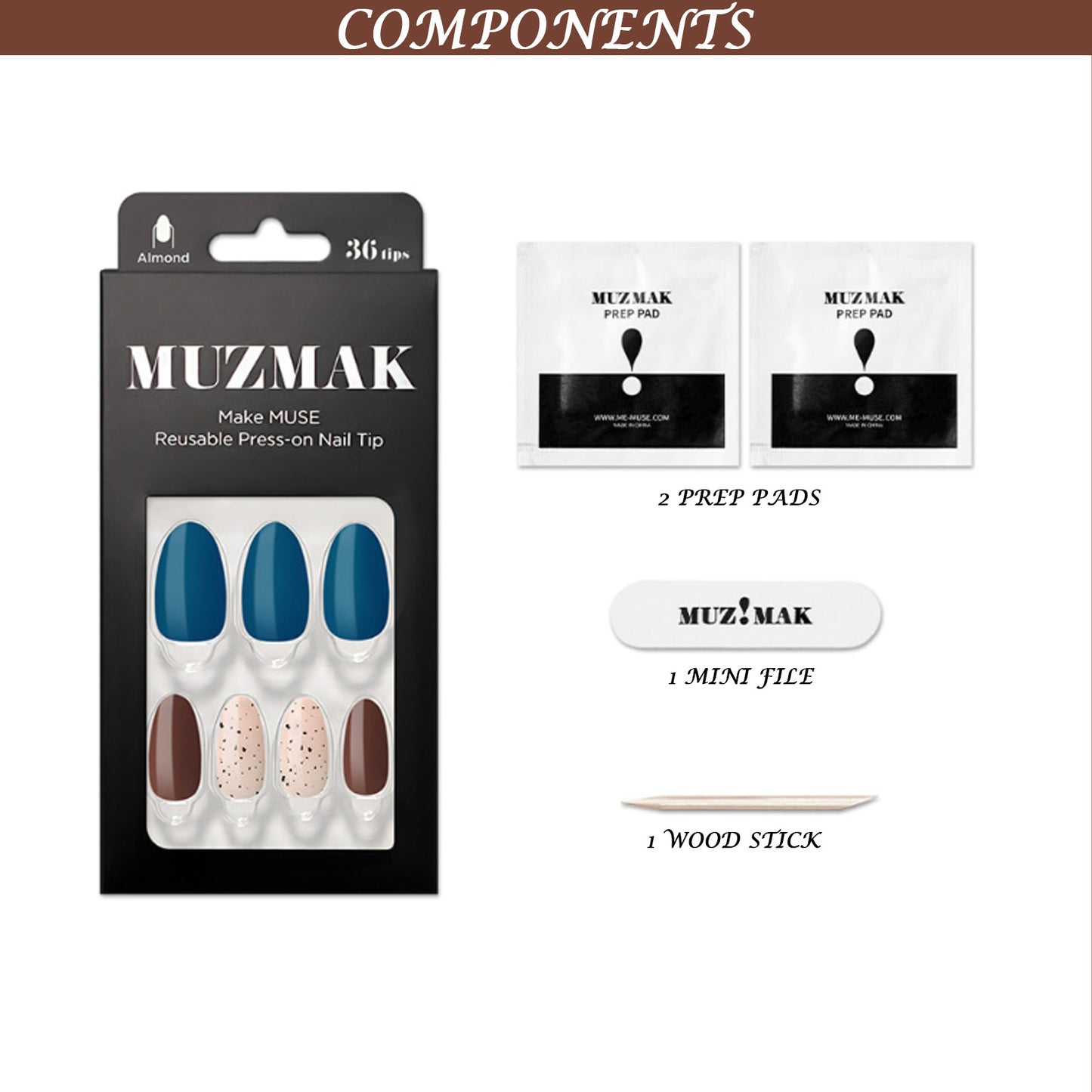 Muzmak ((Almond) N Blue Green Chips Nail) 36pcs Nail Art Pattern Sticker Set Semicure Nail